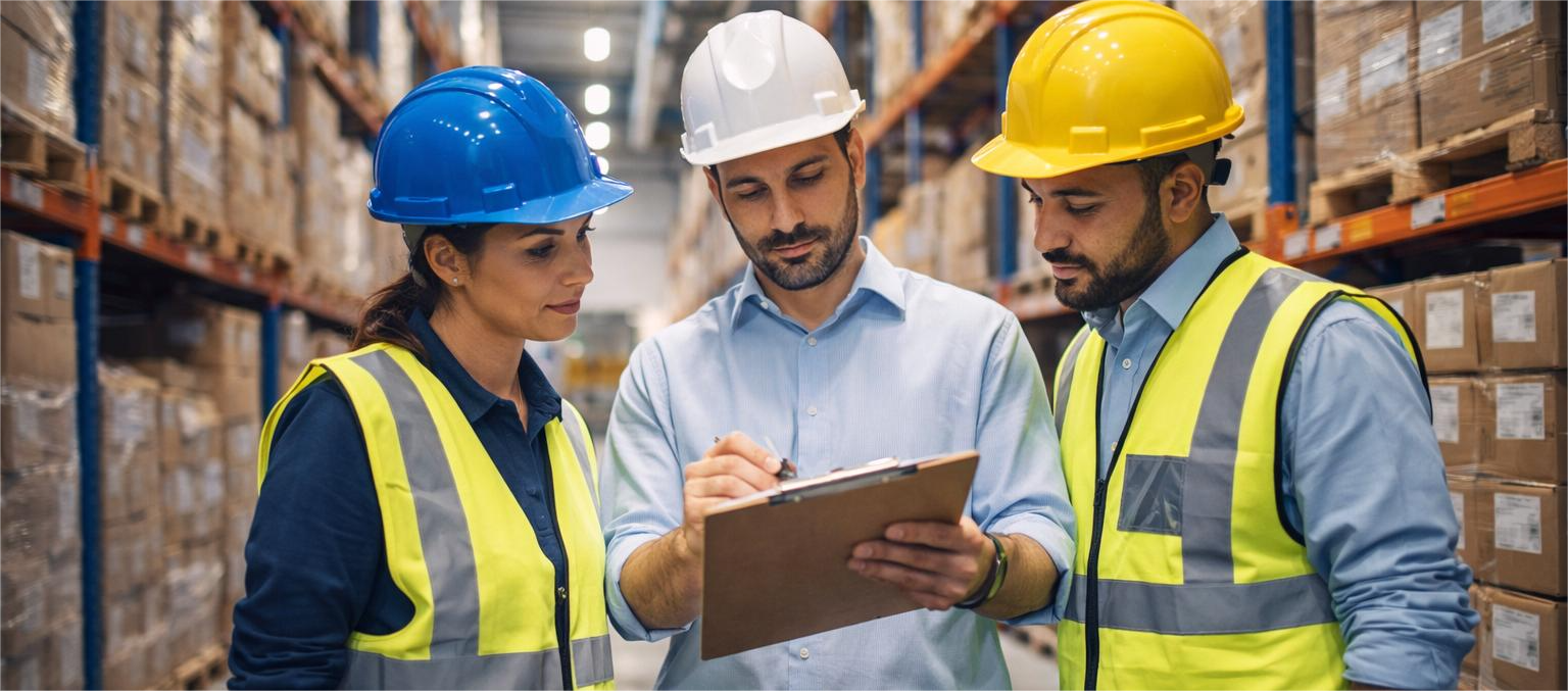 Logistics team reviewing a shipment checklist inside a warehouse aisle.
