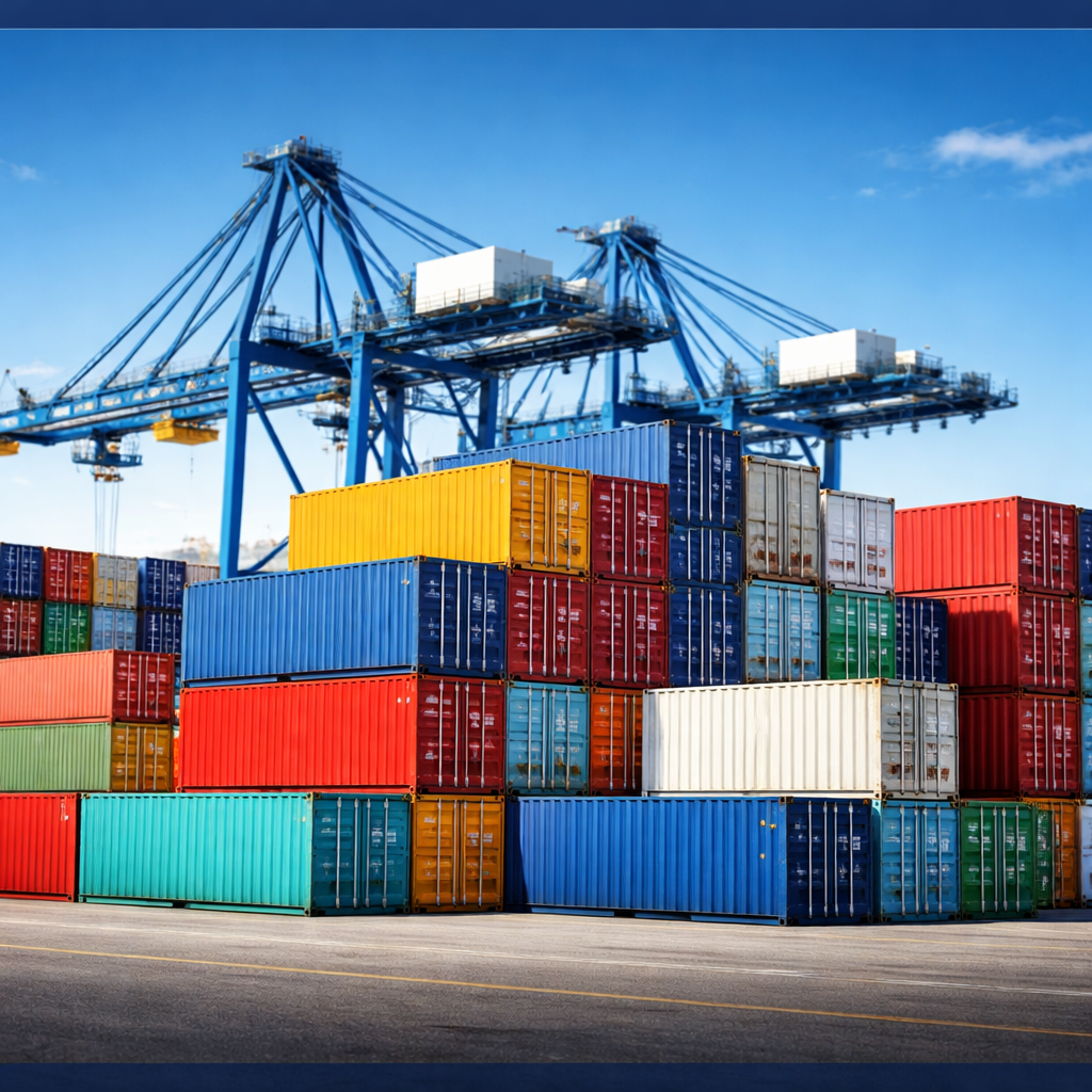 Stacked shipping containers at a modern port under a clear sky.